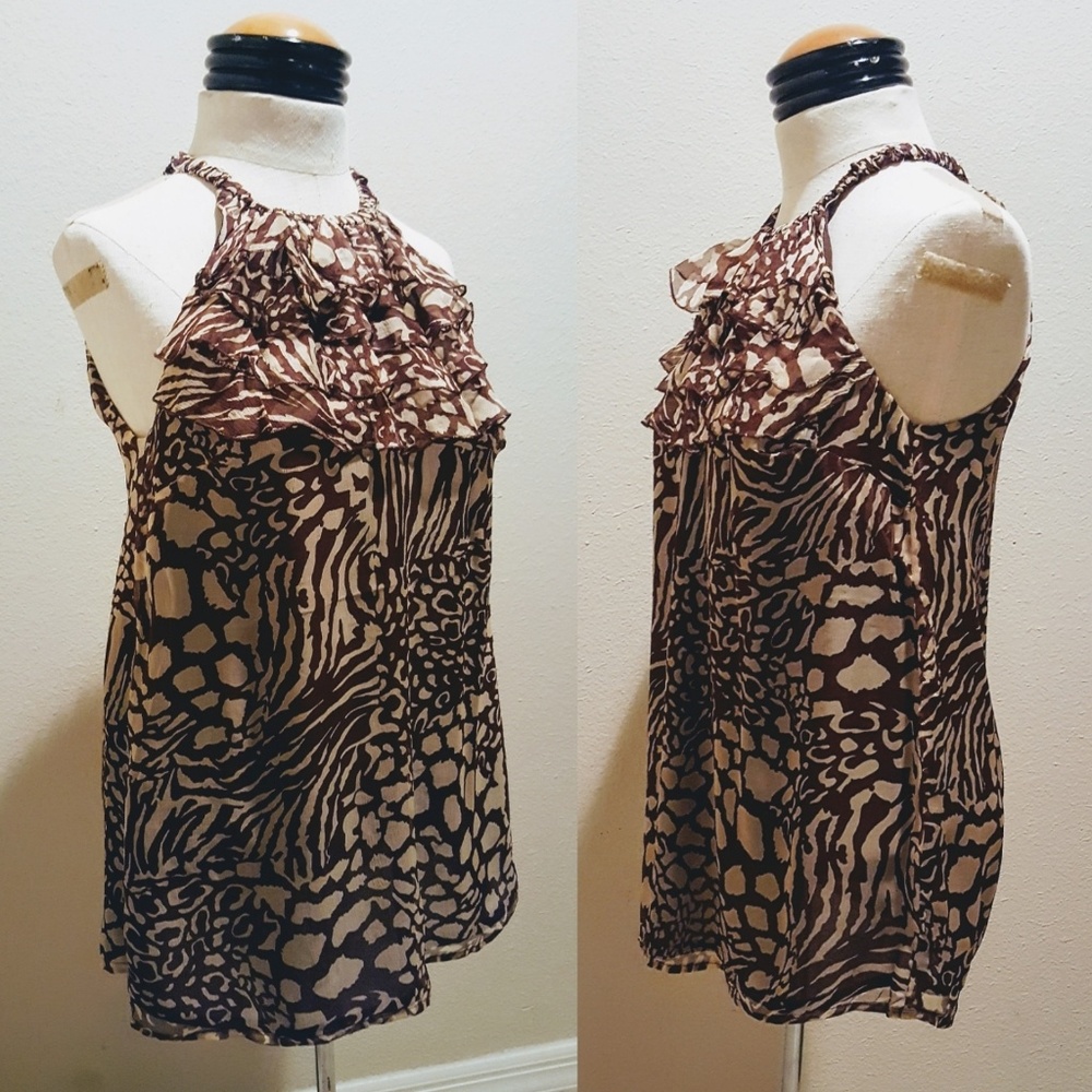 NWOT Silk brown & beige ruffle bib blouse 💕